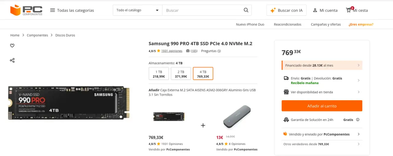 Estafado en Wallapop samsung 990PRO precio pccomponentes